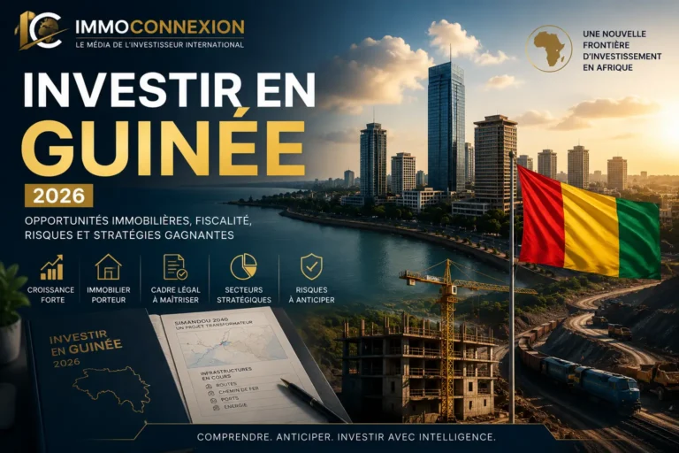 Investir en Guinée : illustration premium représentant Conakry, le projet Simandou, le développement immobilier et les opportunités d'investissement en Guinée en 2026.