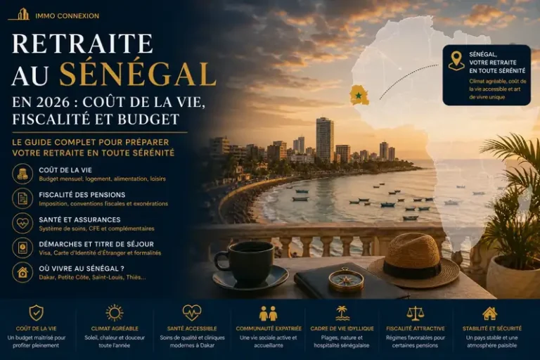 Retraite au Sénégal en 2026 : vue panoramique de Dakar au coucher du soleil avec carte du Sénégal illustrant le coût de la vie, la fiscalité, la santé et les démarches d'expatriation.