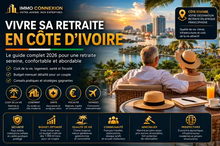 Retraite Côte d'Ivoire : couple de retraités admirant la skyline d'Abidjan au coucher du soleil pour préparer une expatriation en 2026.