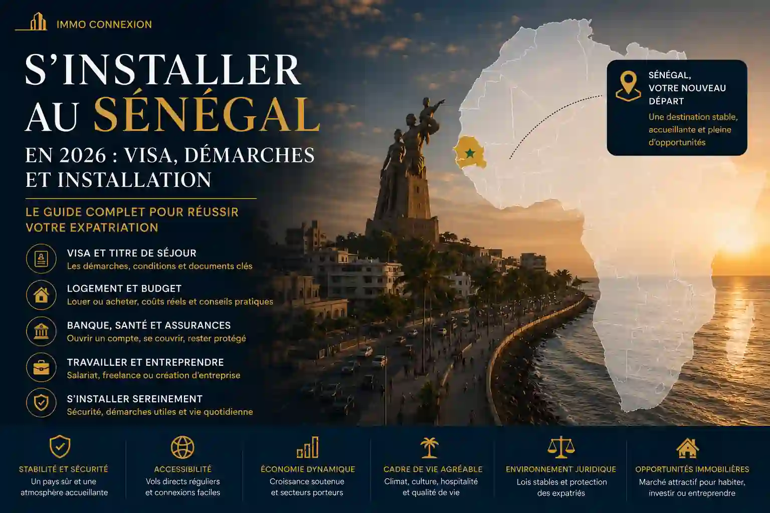 S'installer au Sénégal en 2026 : illustration des démarches, du visa, de la carte de séjour et de l'expatriation pour les Français.