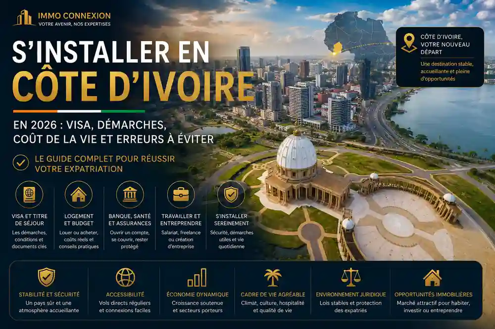 S'installer en Côte d'Ivoire : panorama d'Abidjan et de la basilique Notre-Dame de la Paix de Yamoussoukro avec les couleurs du drapeau ivoirien, illustrant le visa, les démarches administratives et l'expatriation en 2026.