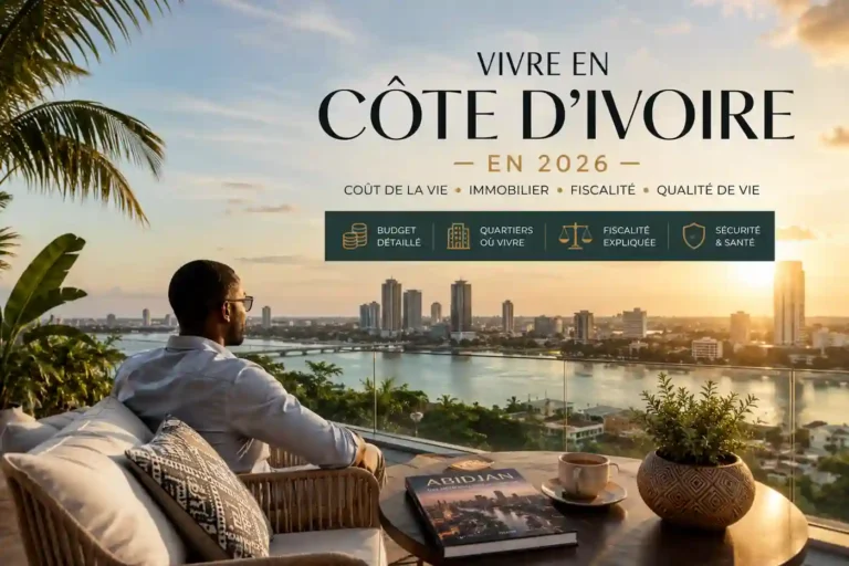 Vivre en Côte d'Ivoire en 2026 : panorama d'Abidjan illustrant le coût de la vie, l'immobilier, la fiscalité et la qualité de vie