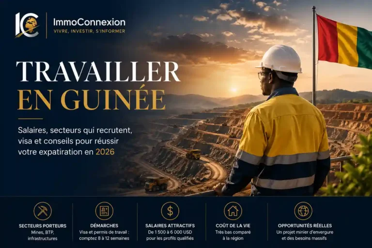 Travailler en Guinée : ingénieur observant une mine à ciel ouvert, projet Simandou, salaires, emploi, expatriation et secteurs qui recrutent en 2026.