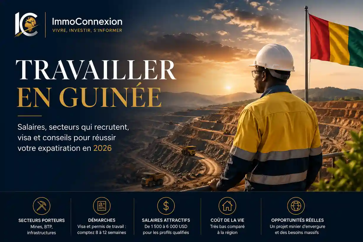 Travailler en Guinée : ingénieur observant une mine à ciel ouvert, projet Simandou, salaires, emploi, expatriation et secteurs qui recrutent en 2026.