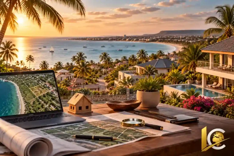 immobilier à Majunga : vue panoramique de la baie, villas, terrains et documents d’analyse immobilière illustrant les prix, le rendement et les risques à Mahajanga en 2026
