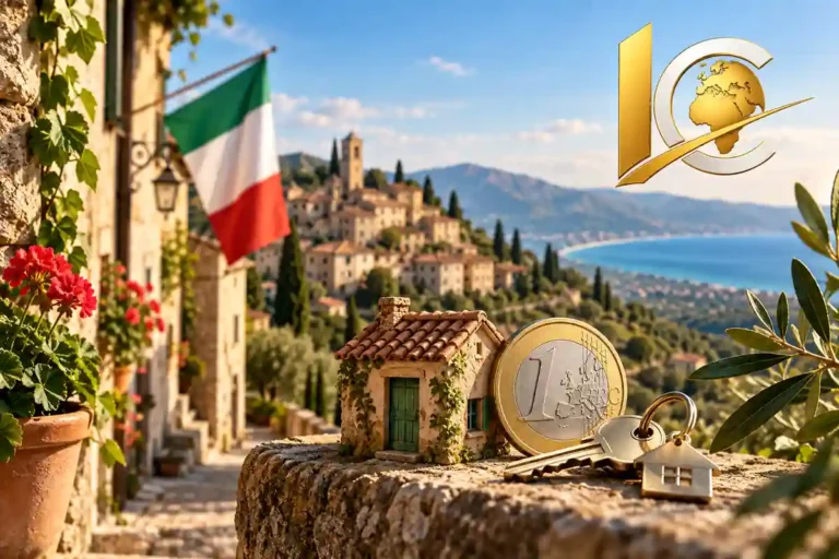 Maison à 1 euro Italie site officiel – maison italienne, pièce de 1 euro et clés illustrant les programmes communaux en 2026