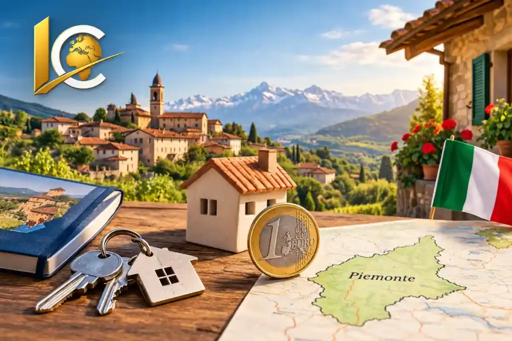 Maison à 1 euro Piémont : village italien, maison symbolique, pièce de 1 euro et carte du Piémont