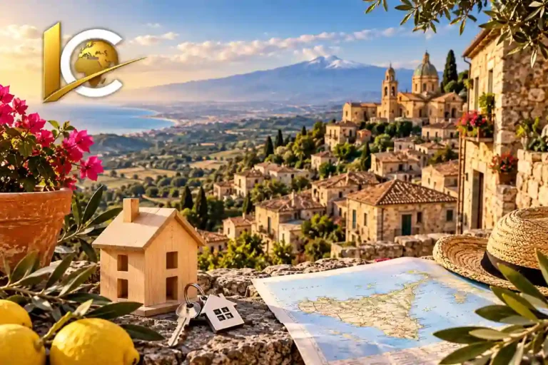 Maison à 1 euro en Sicile : immobilier à rénover dans un village sicilien avec maison, clés et carte de la Sicile.