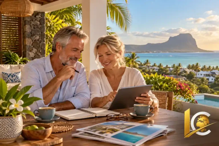 Retraite à Maurice en 2026 : couple de retraités préparant leur installation face au lagon mauricien