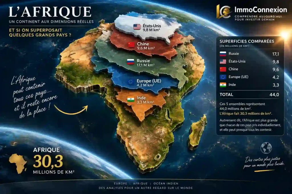 Taille réelle de l’Afrique comparée en 3D à la Russie, aux États-Unis, à la Chine, à l’Union européenne et à l’Inde