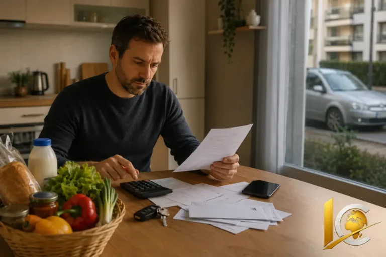 Travailler en France en 2026 : salarié calculant son reste à vivre après le loyer, les courses et les frais de voiture