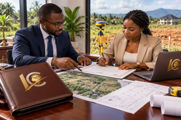 Acheter un terrain au Cameroun : vérification du titre foncier et des plans de bornage avant la signature d'un acte d'acquisition, avec un géomètre sur la parcelle.