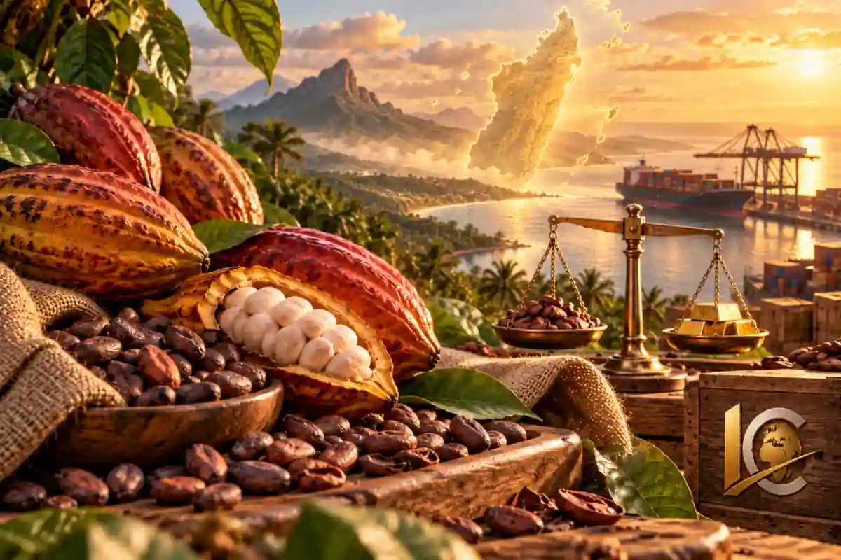 Cacao à Madagascar : cabosses, fèves et balance symbolisant les prix, la production, les exportations et la qualité du Sambirano