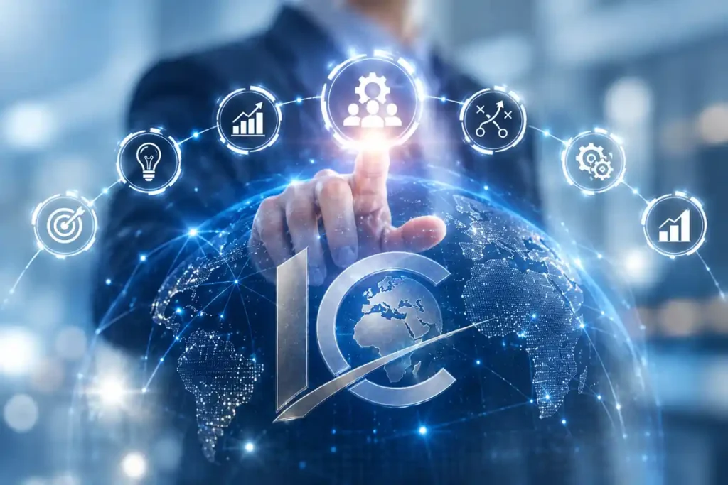 Créer une entreprise au Cameroun en 2027 : entrepreneur utilisant une interface numérique de gestion, de stratégie et de développement, avec le logo ImmoConnexion en filigrane.
