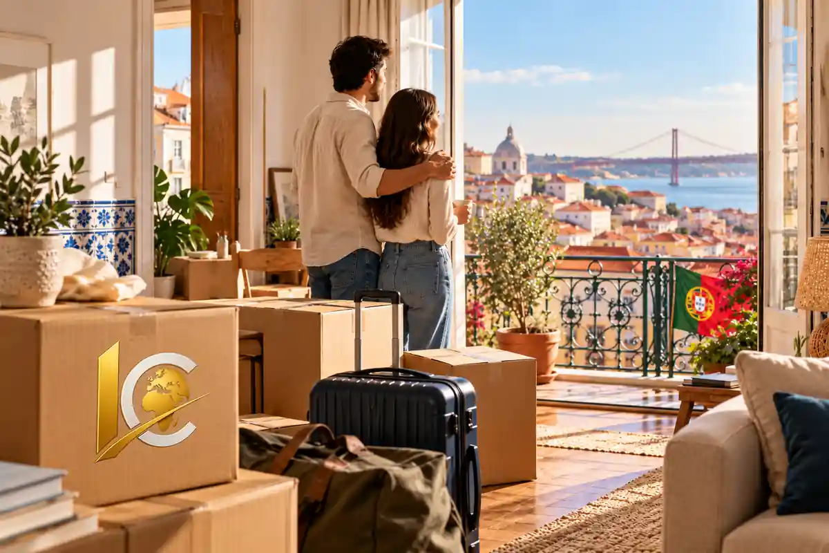 Déménager au Portugal en 2027 : couple emménageant dans un appartement à Lisbonne, avec cartons, valises, drapeau portugais et logo ImmoConnexion.