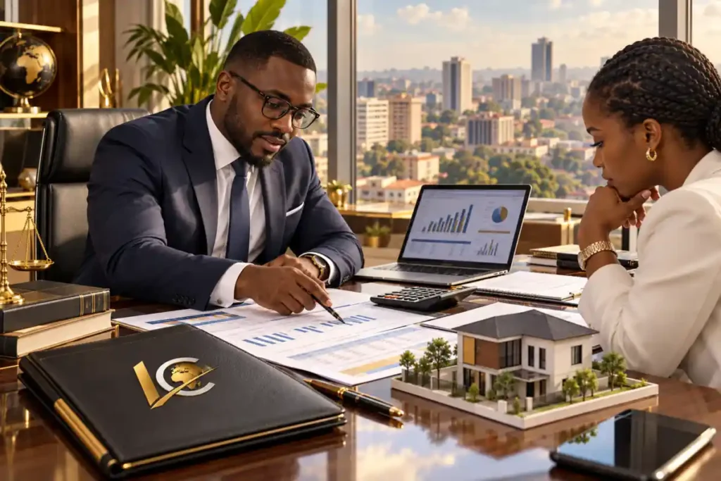 Fiscalité au Cameroun en 2027 : un conseiller fiscal et une cliente analysent des documents financiers, des graphiques et un projet immobilier, avec le logo ImmoConnexion.