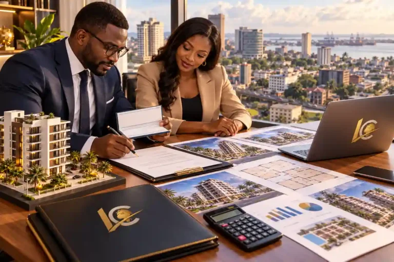 Investir dans l’immobilier au Cameroun : un investisseur tenant un carnet de chèques s'apprête à signer un document d'achat immobilier, avec des plans et une maquette d'immeuble.