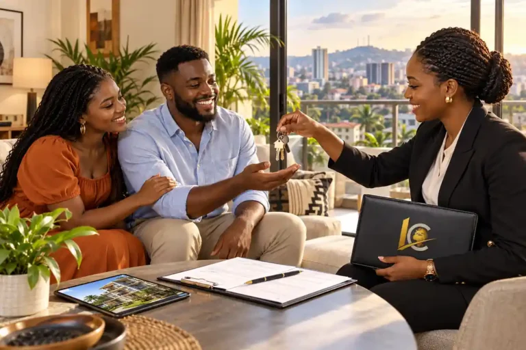 Louer un logement au Cameroun : une agente immobilière remet les clés d’un appartement à un couple après la préparation du bail.