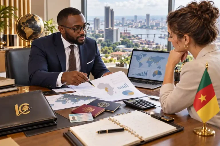 Résidence fiscale au Cameroun en 2027 : une expatriée échange avec un conseiller sur les documents de résidence, la fiscalité internationale et la convention avec la France.