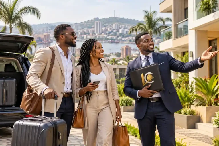 S’installer au Cameroun en 2027 : couple d’expatriés avec leurs bagages découvrant un logement avec un professionnel local.