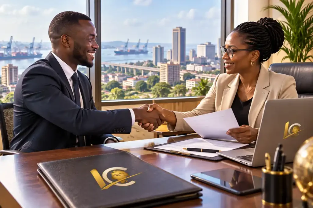 Travailler au Cameroun en 2027 : entretien professionnel entre un candidat et une recruteuse dans un bureau moderne à Douala, avec le logo ImmoConnexion.