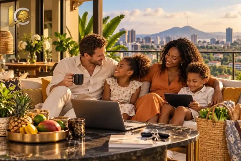 Vivre au Cameroun en 2027 : famille mixte composée d'un père européen, d'une mère africaine et de deux enfants métis dans un appartement avec vue sur la ville.